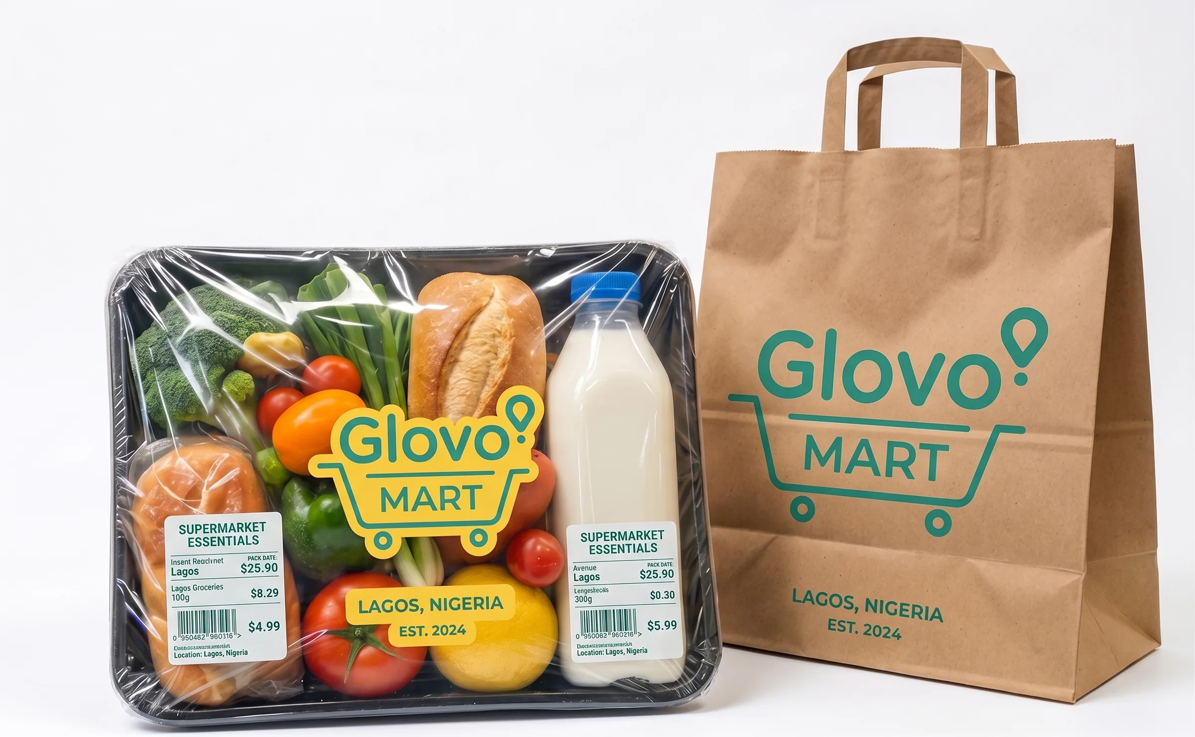 Glovo Mart retail applications photographed in a studio: a wrapped grocery tray carrying the Glovo Mart cart lockup, beside a kraft paper shopping bag printed with the same lockup, Lagos, Nigeria, est. 2024