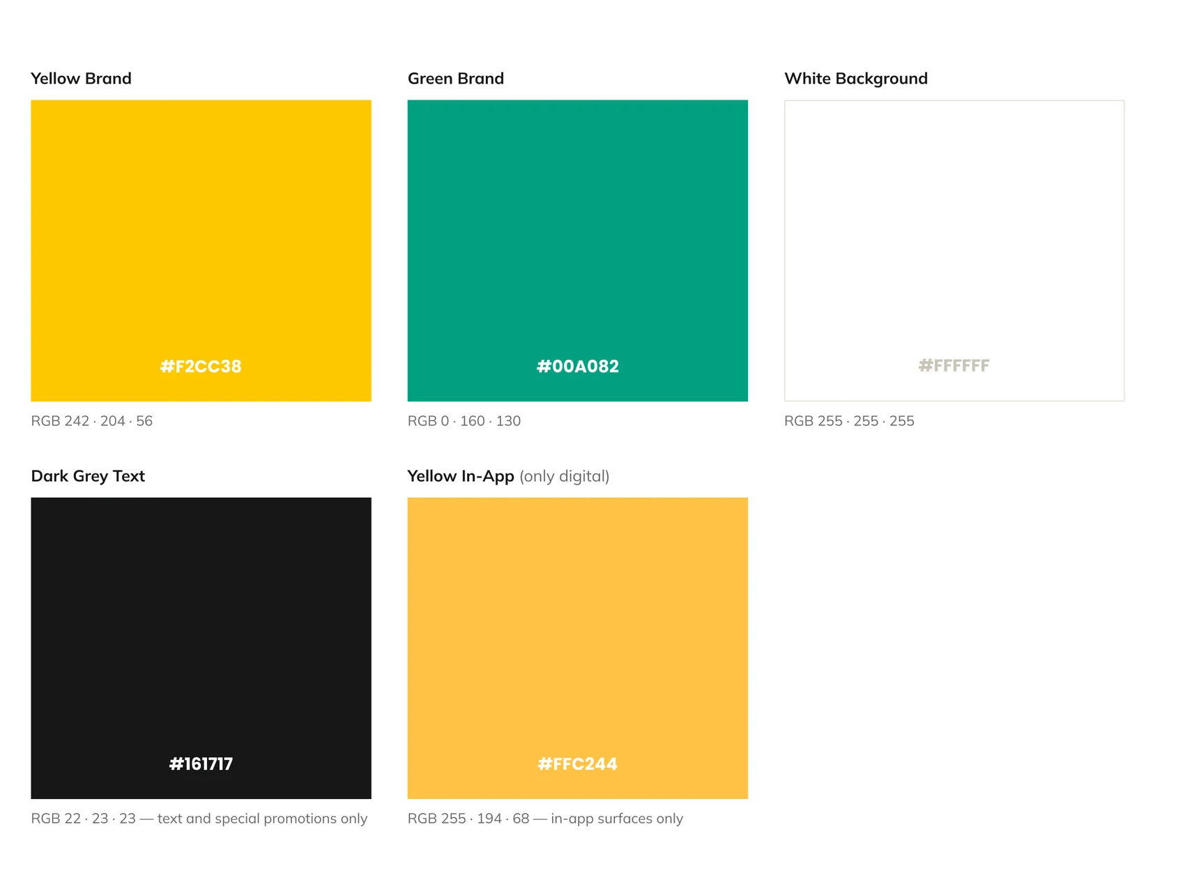 The Glovo Mart palette: Yellow Brand #F2CC38, Green Brand #00A082, White #FFFFFF, Dark Grey Text #161717, and Yellow In-App #FFC244 for digital surfaces only