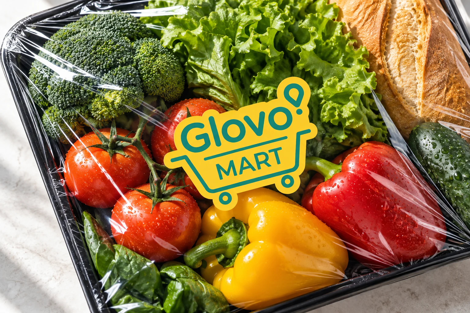 Glovo Mart branded grocery tray with fresh produce